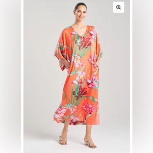 Natori Vibrant coral Water Lily floral print caftan lounge coverup size XL